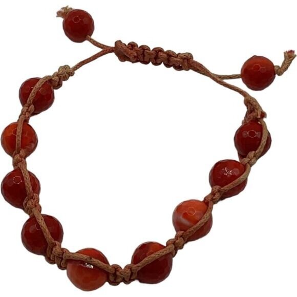 Adjustable Red Beaded Bracelet With Brown Cord For Women & Men - Picture 1 of 4